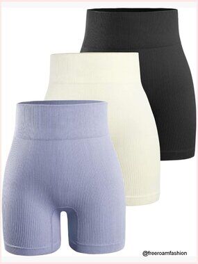 3 Pack High Waisted Ribbed Biker Shorts Workout Yoga Spandex
